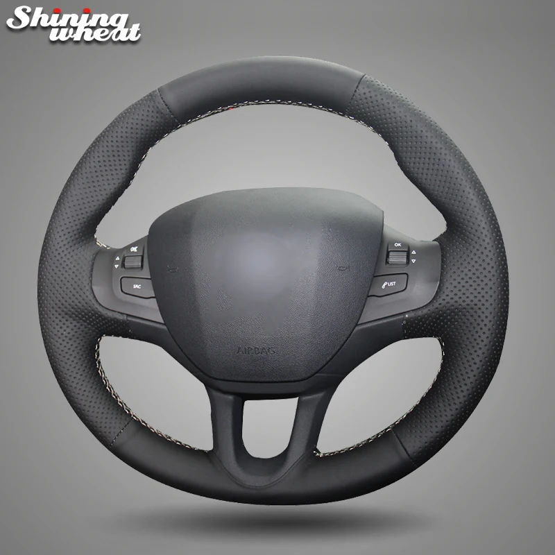 Shining wheat Black Genuine Leather Car Steering Wheel Cover for