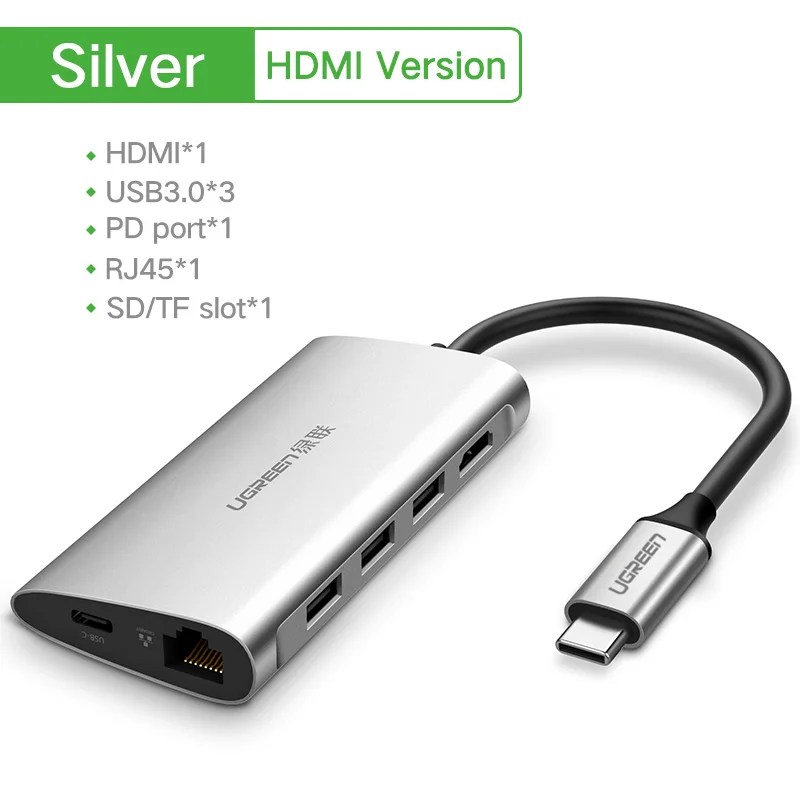 Ugreen usb-хаб USB C к HDMI VGA RJ45 PD Thunderbolt 3 адаптер для MacBook samsung Galaxy S9 huawei P20 Pro type-C USB 3,0 концентратор - Цвет: Silver HDMI
