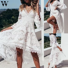 Womail vestido de moda de encaje de manga larga vestido blanco de malla con cremallera Casual para mujer vestido de cuello en V de fiesta elegante vacaciones 2019 J710