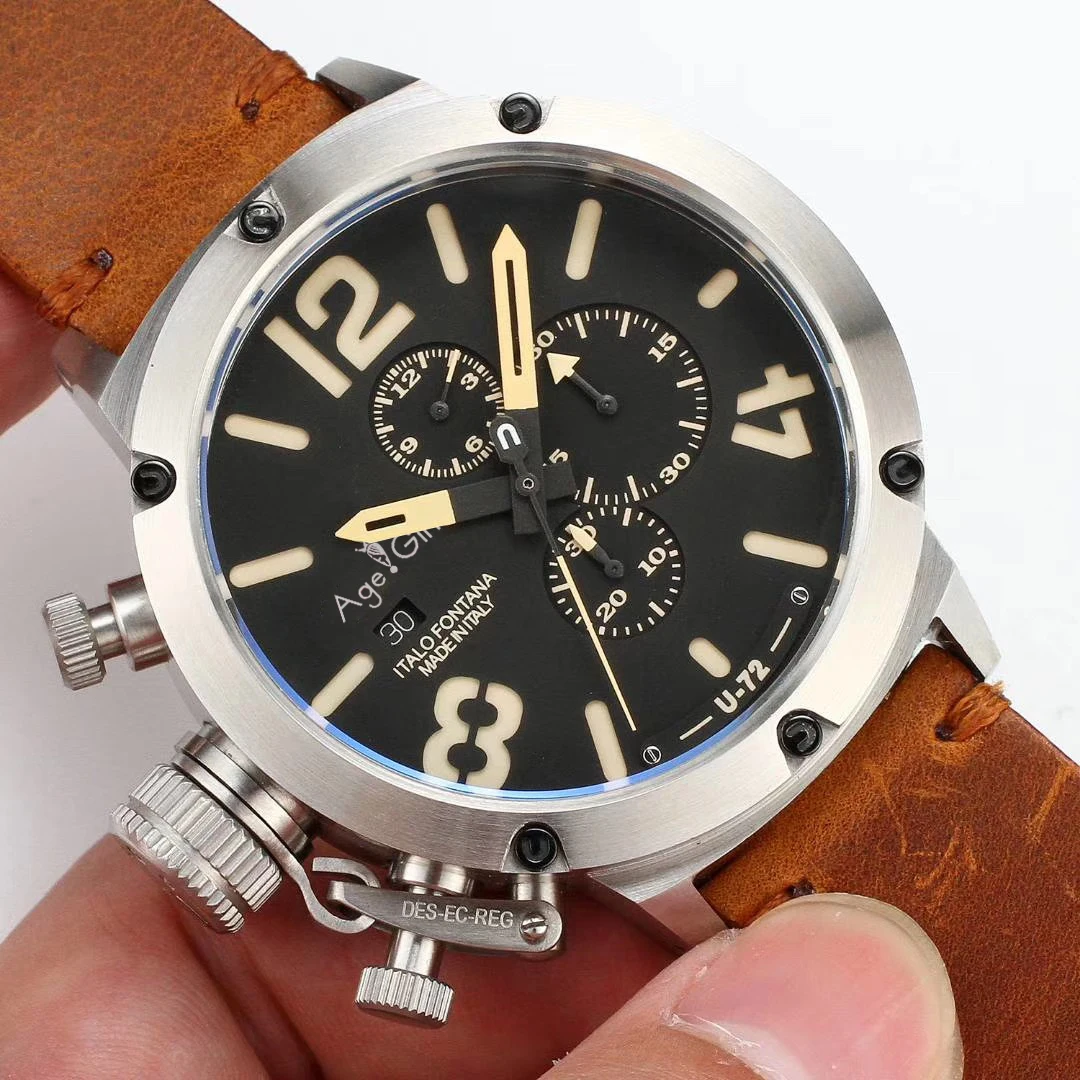 

Brand New Quartz Chronograph Stopwatch Men U CHRONOMETER U1001 U72 Chimera Silver Aged Brown Cow Black Leather Boat Watch AAA+
