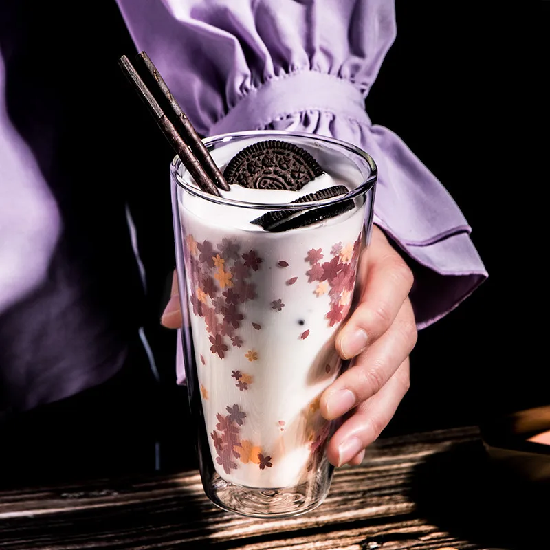

Creative Cherry Blossom Double Layer Glass Personality Fashion Transparent Ice Cream Milk Tea Juice Thermal Insulation Drink Cup