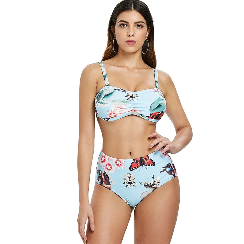 

New Sexy Floral Print Bikini Women Swimsuit Sky Blue Print Bathing Suit S-2XL Girl High Waist Swimwear Padded Micro Bikini Set