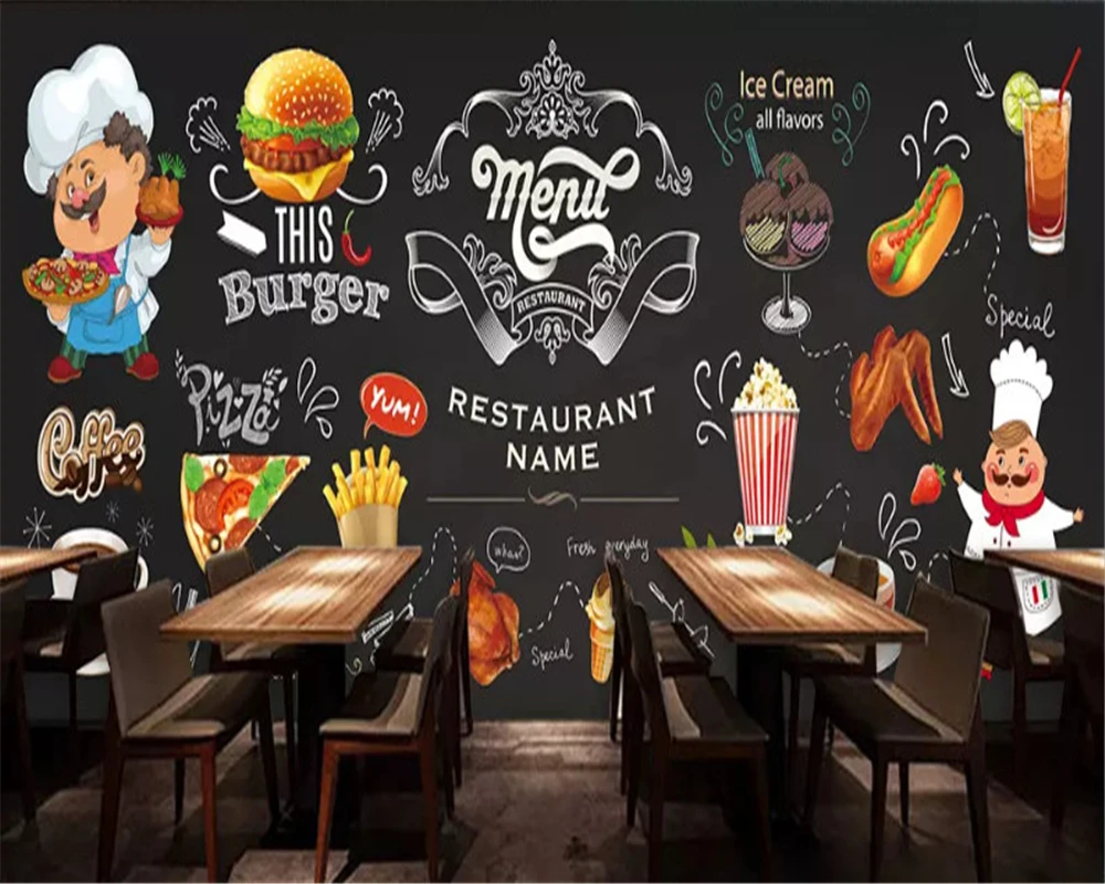 beibehang Custom size HD fashion silky interior wall paper hand-painted fast food restaurant burger shop background wallpaper