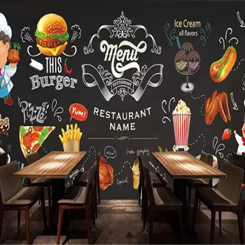 Beibehan 사용자 정의 크기 HD 패션 실키 인테리어 벽 종이 손으로 그린 패스트 푸드 레스토랑 버거 가게 배경 벽지