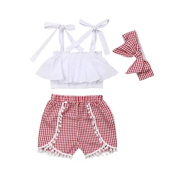 

Summer Toddler Kids Baby Girl Strap Tank Tops Tassel Ball Plaid Shorts Bottom Headband 3PCS Outfits Girls Clothing Set