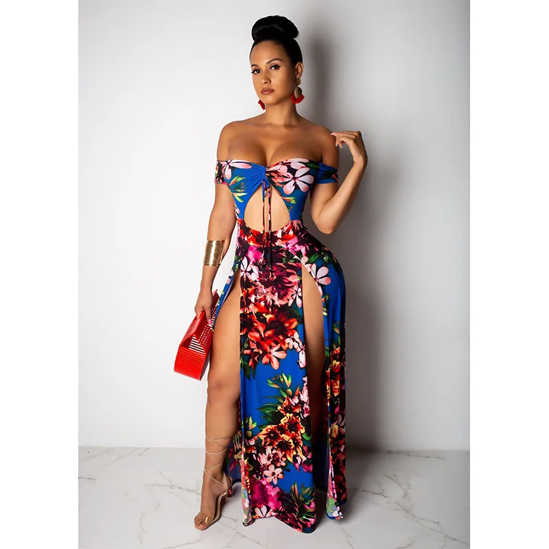 Echoine Sexy Off Shoulder Bandage Dress Print Floral High Split Cut Out Women Summer Beach Dress 2019 Vestidos Echoine Sexy Off Shoulder Bandage Dress Print Floral High Split Cut Out Women Summer Beach Dress 2019 Vestidos