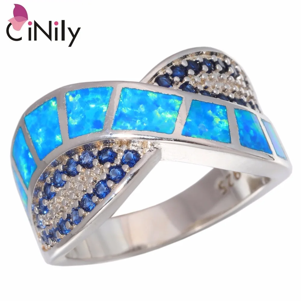 CiNily Created Blue Fire Opal Silver Plated Wholesale Hot Sell Fashion Jewelry for Women Christmas Gift Ring Size 6-9 OJ9235