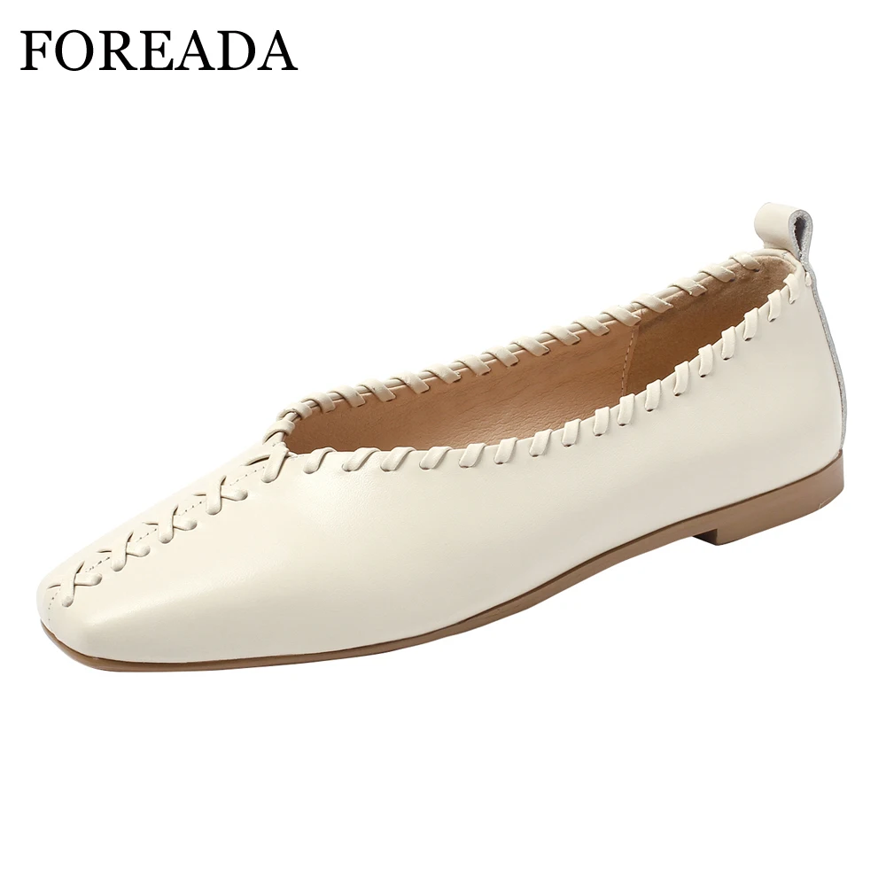 

FOREADA Women Ballet Flats Shoes Spring Natural Real Leather Flat Loafers Shoes Genuine Leather Square Toe Boat Shoes Size 33-40