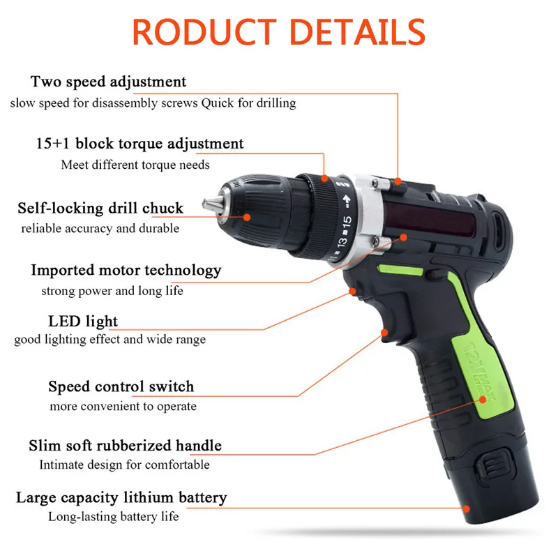 12V Li-Ion Power Tools Electric Dril Kit Rechargeable Electric Screwdriver Double Speed With 9PCS Drill Toolbox Torque Screw Gun (2)