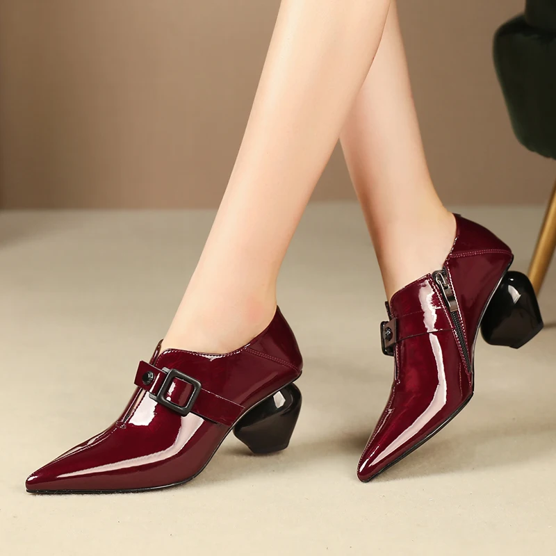 

Women High Heel Shoes Platform Pumps Lady Sexy Pointed Toe Work Office Shoes Genuine Leather Round Heel Handmade Shoes Woman