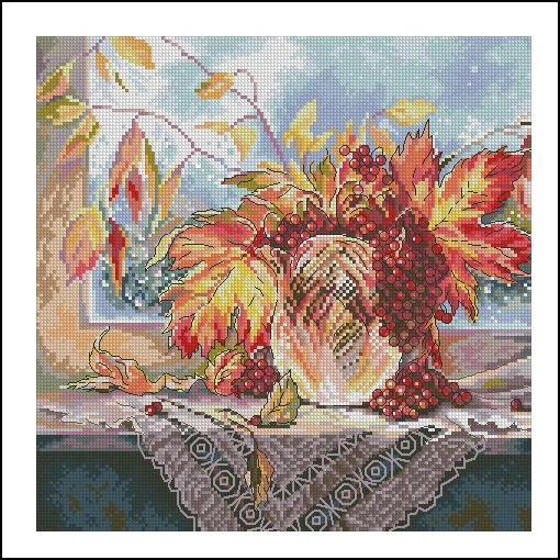

Gold Collection Counted Cross Stitch Kit Cowberry Currant Cherry Red Fruit Berry Autumn Summer Bouquet Vase at Windowsill rto