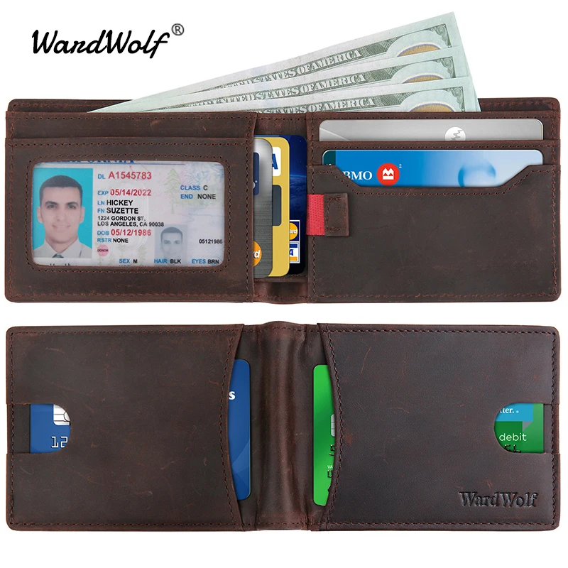 

WardWolf Genuine Leather Wallets Purse for Men Crazy Horse Cowhide Leather Vintage Wallet Male RFID Blocking Outside Card Slots