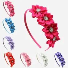 1 pcs Satin Ribbon Flower rhinestone baby girl hair flower band Korean style princess headband children