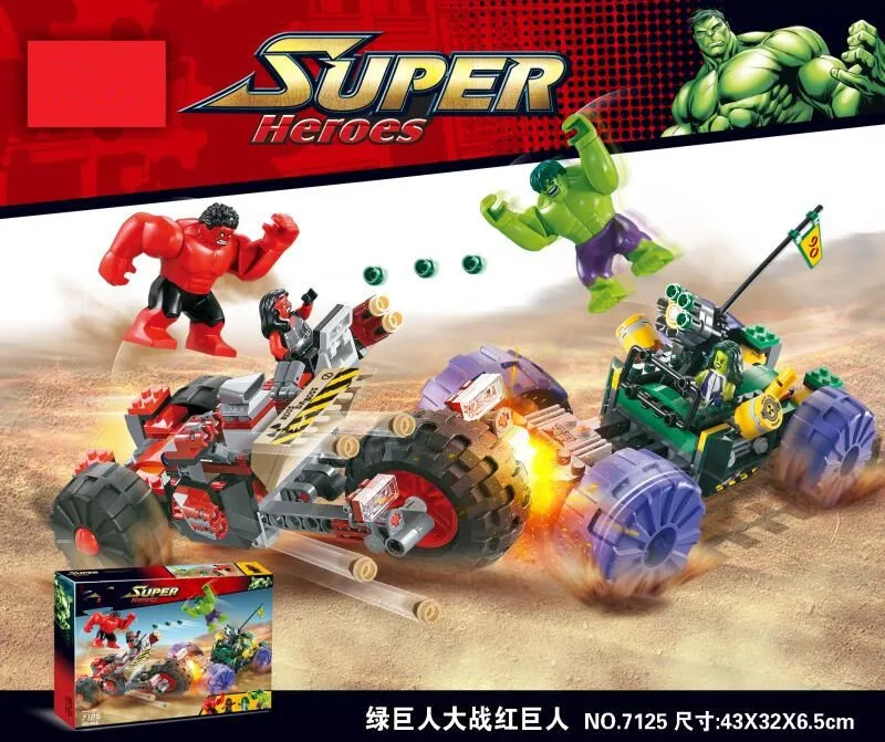 

7125 Super Heroes red hulk with motor vs geen hulk with car building Blocks Bricks Toys for children Boy