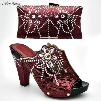 

Gorgeous Style Shoes Match Hand Clutch Bag For Wedding,Wine Color High Heel Shoes With Stones Bag Sets 11cm D96-1