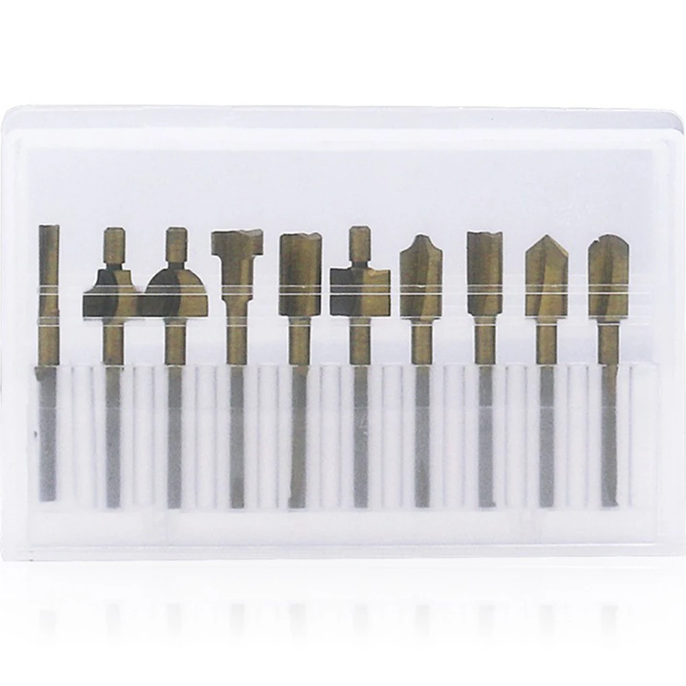 

10 in 1 3mm HSS Wood Router Bits Files Titanium Coated Mini Wood Cutter Milling Fits Dremel Rotary Set Carpenter Tool with Case