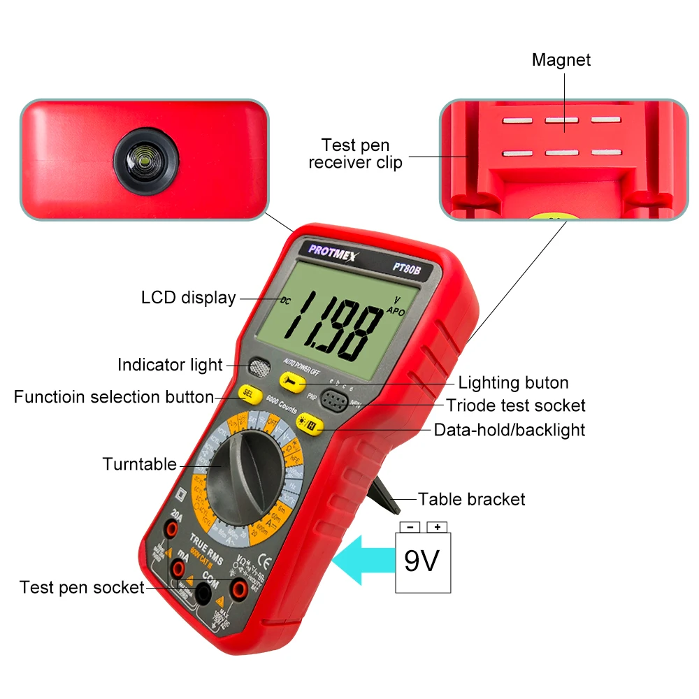 Protmex PT80B/80E 6000 отсчетов Цифровой Авто/Ручной Автомобильный мультиметр DC/AC напряжение, ток, сопротивление, Емкость Тестер
