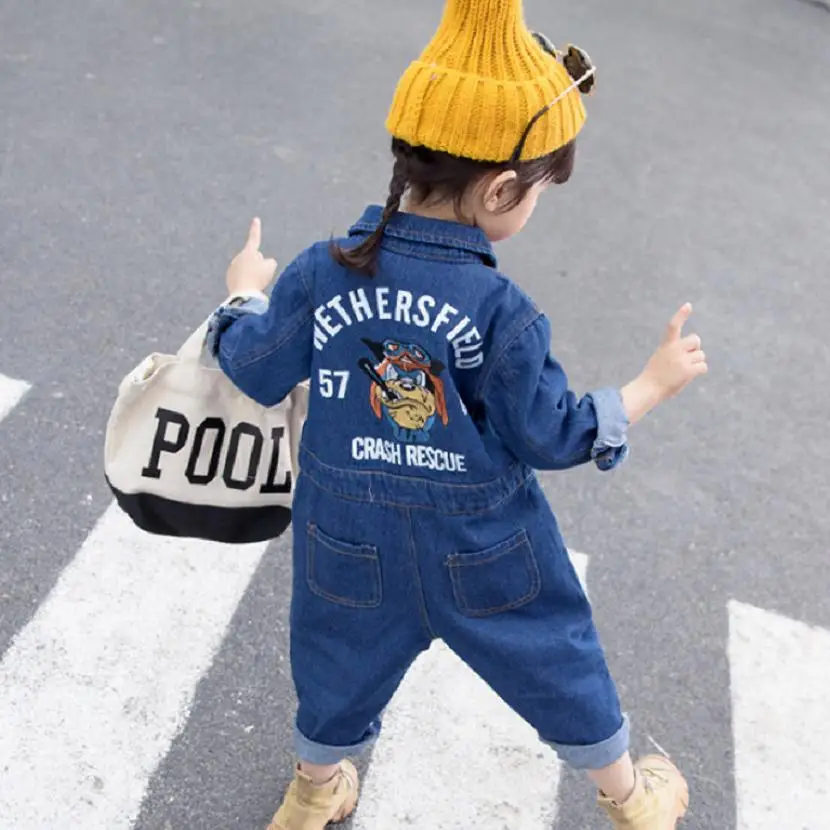 

4M-5T Spring Children's Denim Romper Baby Boy Girl Clothes print Cartoon Infant Jumpsuit Single Breasted Cowboy Overalls Y269