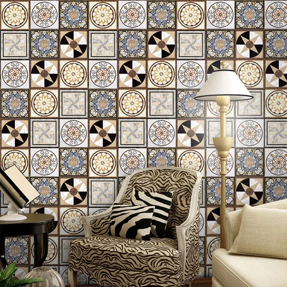 

1 Roll Geometric Pattern Tiles Wall Stickers For Bathroom Kitchen Decor Adhesive Waterproof PVC Wall Stickers Kitchen Waist Line
