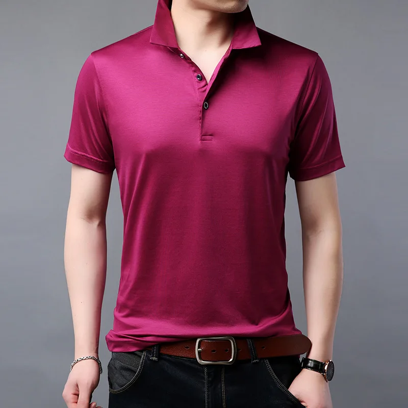 Шелковая Однотонная рубашка поло для мужчин Летняя Повседневная рубашка с коротким рукавом мужская одежда наивысшего качества облегающая дышащая бизнес поло мужская одежда