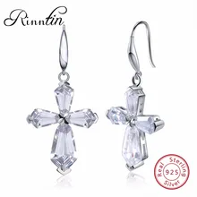Rinntin 100% S925 Sterling Silver Cross Dangle Earrings Luxury AAA White Cubic Zircon Engagement Wedding Female Jewelry TSE51