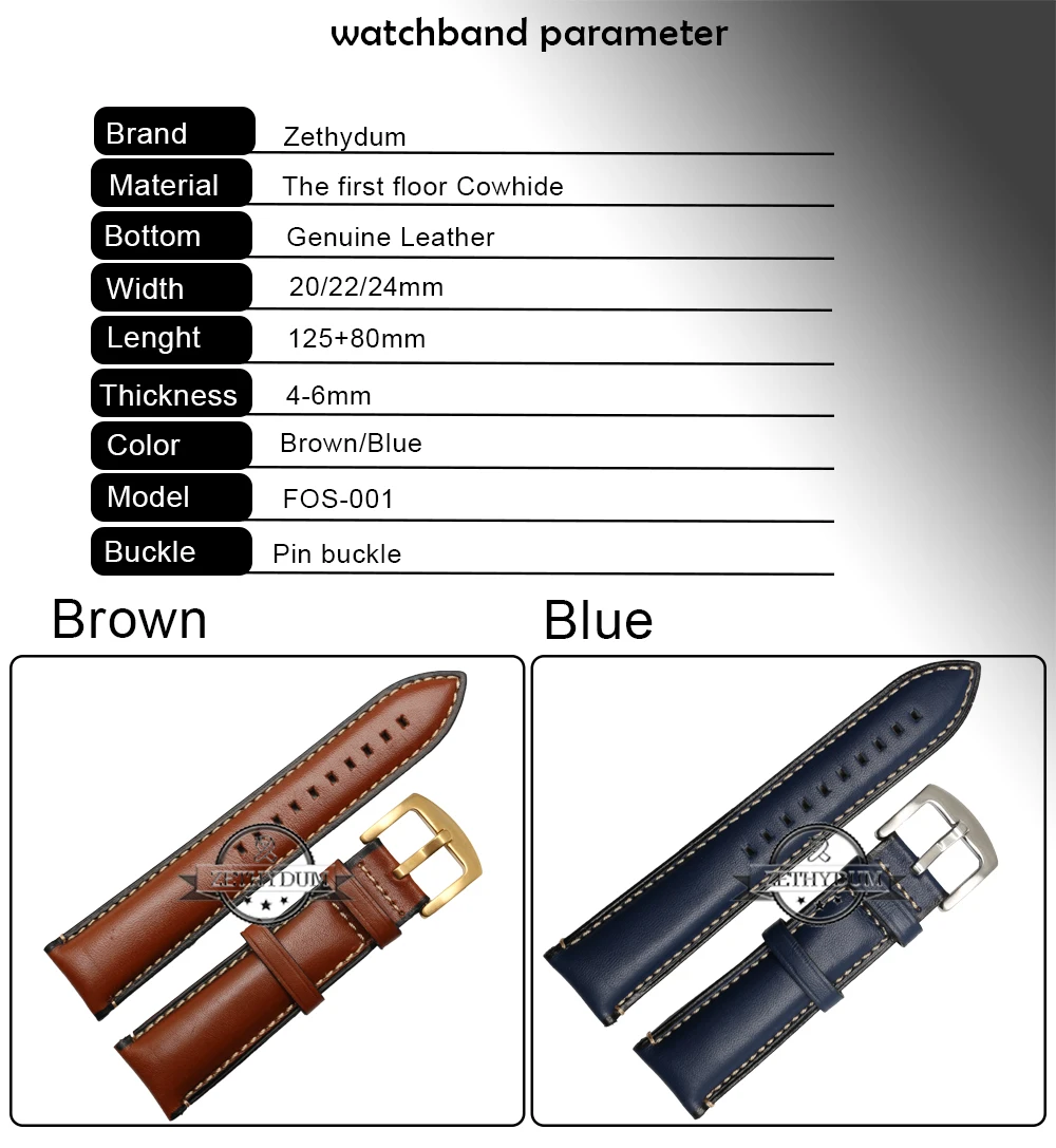 Кожаный браслет из натуральной кожи, Прошитый ремешок для часов 20, 22, 24 мм, мужские наручные часы, синий, коричневый цвет, ремешок для часов с застежкой