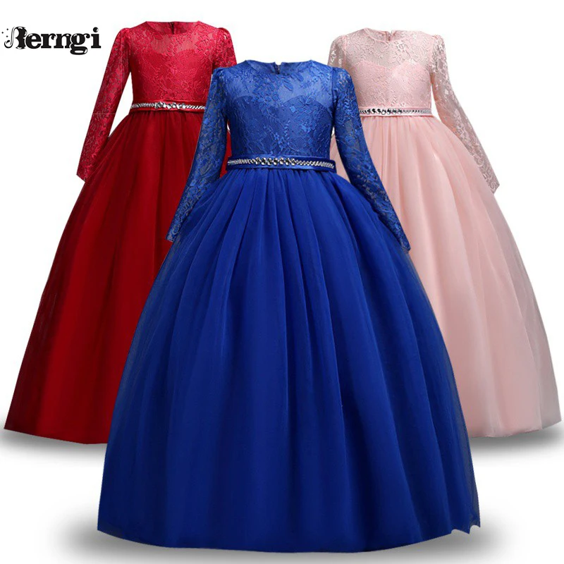 Детское кружевное элегантное платье принцессы с длинными рукавами на свадьбу для девочек 3-14 лет; платье для девочек-подростков в новейшем стиле