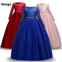 Детское кружевное элегантное платье принцессы с длинными рукавами на свадьбу для девочек 3-14 лет; платье для девочек-подростков в новейшем стиле