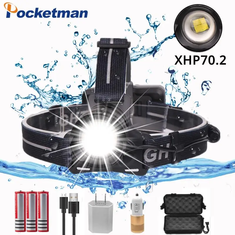 

50000ml XHP70 2.0/XHP50 headlamp Zoom Head Lamp Flashlight Torch Lantern Head Light use 3*18650 Battery with box and USB cable