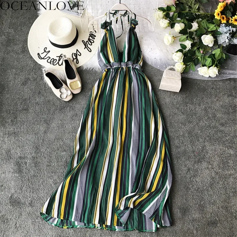 

OCEANLOVE Bohemian Dress Striped 2019 Summer Vestidos De Fiesta Lace Up Halter Beach Style Long Dresses Backless Dress 11666