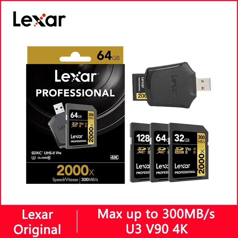 Lexar 2000X sd карта 32 Гб 128 64 класс 10 U3 V90 4 K памяти ГБ 300 МБ флэш SD для камеры SDXC SDHC|Карты