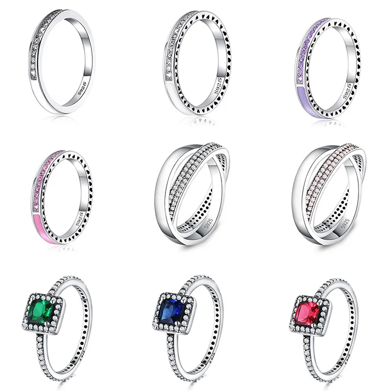 

925 Silver Ring Charm Purple/Pink/White Enamel Square Crystal Finger Rings For Women Jewelry