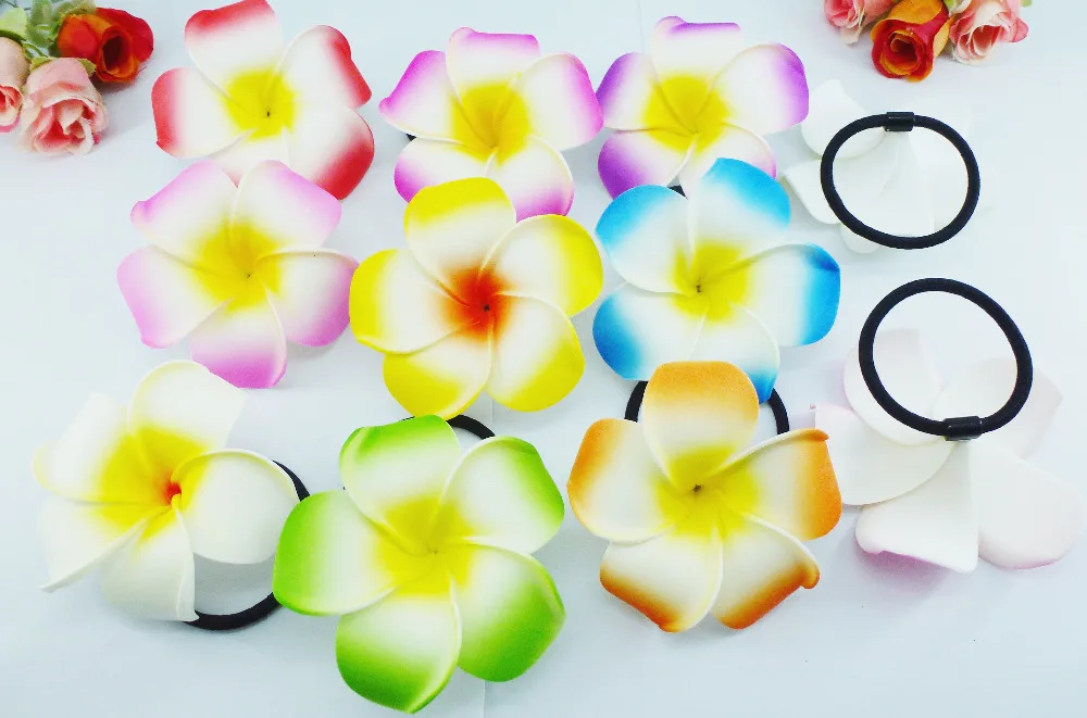 20pcs Wholesale 8cm large foam flower hair ribbons foam hawaiian plumeria flower elastic Hawaiian frangipani hair band hair rope
