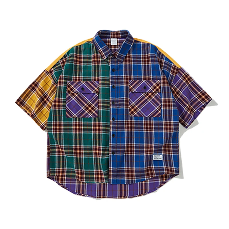 

Vintage Patchwork 2019 Spring Summer Harajuku Short sleeve Funny Plaid Shirt oversized Loose Men shirt Cotton street wear