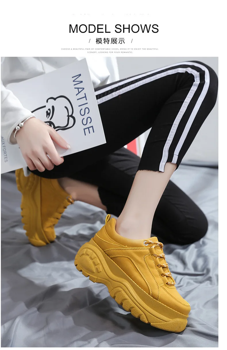 Женские массивные кроссовки; коллекция года; модные однотонные желтые женские кроссовки на платформе; вулканизированные кроссовки на шнуровке; обувь для пап; повседневная женская обувь