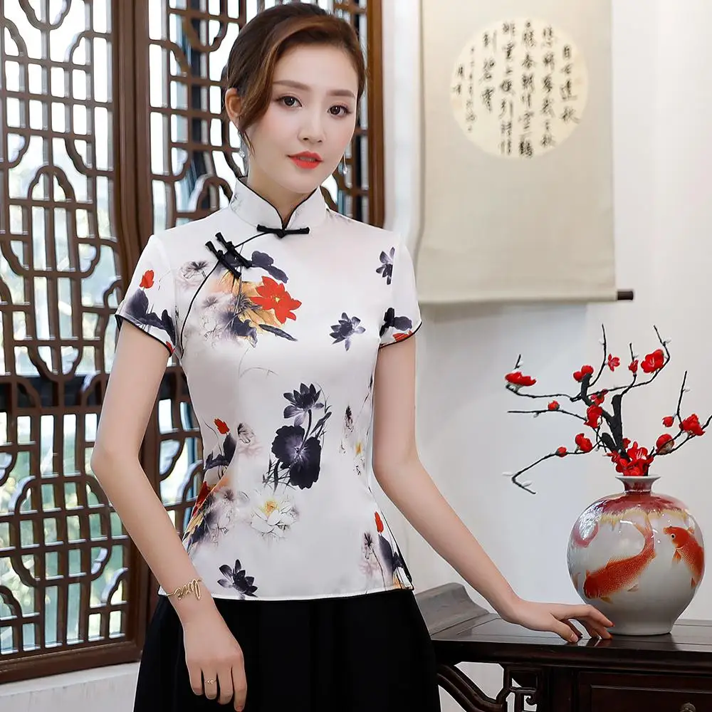 Элегантный китайский леди формальная Рубашка воротник стойка Винтаж Блузка с цветочным принтом Одежда Большой размеры 3XL традиционн - Цвет: Style 2
