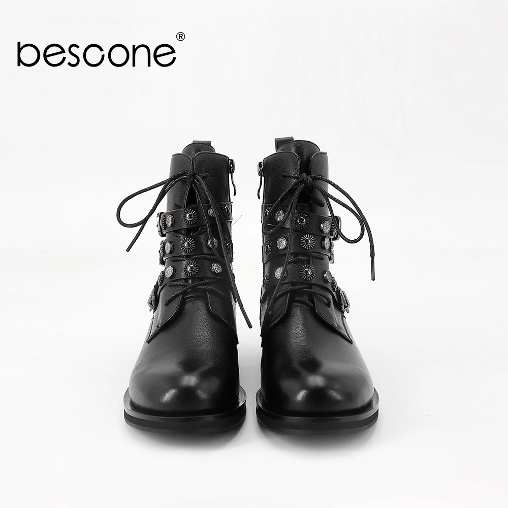 BESCONE Women Ankle Boots Fashion Cow Leather Handmade Round Toe Square Heel Punk Shoes Casual Lace-up Med Heel Ladies Boots BL8 BESCONE Women Ankle Boots Fashion Cow Leather Handmade Round Toe Square Heel Punk Shoes Casual Lace-up Med Heel Ladies Boots BL8