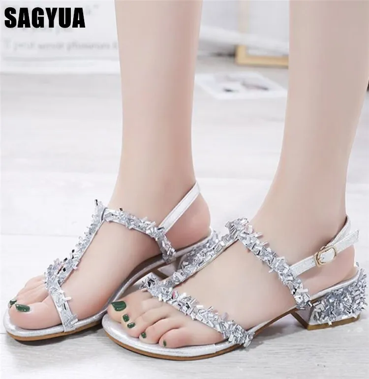 

Women slipper summer Casual outdoor Clip toe sldes ladies crystal Wedding party Thick heel shoes Ankle buckle woman shoes Z047
