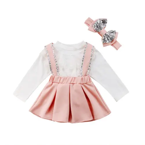 

Sequins Toddler Kids Girls Lace Tops Strap + Bow Skirt Headband Outfits Set