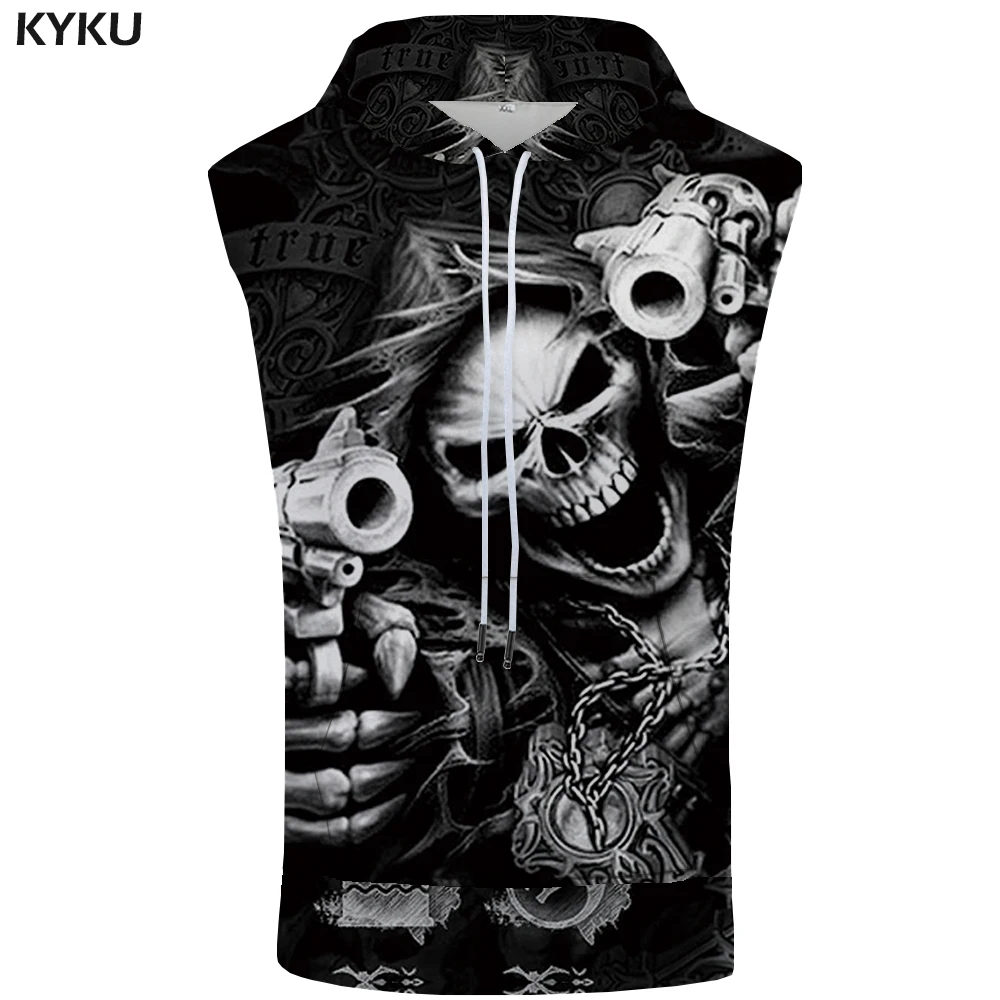 

KYKU Brand Skull Sleeveless Hoodie Hip Hop Coat Punk Shirt Rock Bodybuilding Gun Sweatshirt Vest Mens Clothing Men 3d Print
