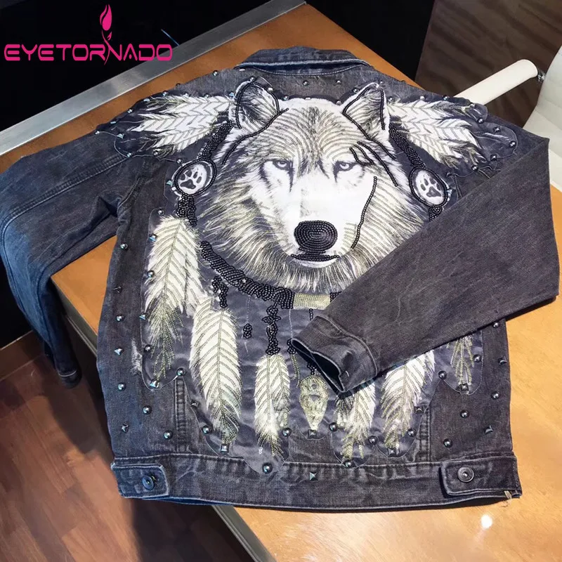 Sequined Wolf Rivet Denim Jacket Plus Size Men Single Breasted Pockets Punk Streetwear Jeans Jacket Korean Style Short Jackets Sequined Wolf Rivet Denim Jacket Plus Size Men Single Breasted Pockets Punk Streetwear Jeans Jacket Korean Style Short Jackets