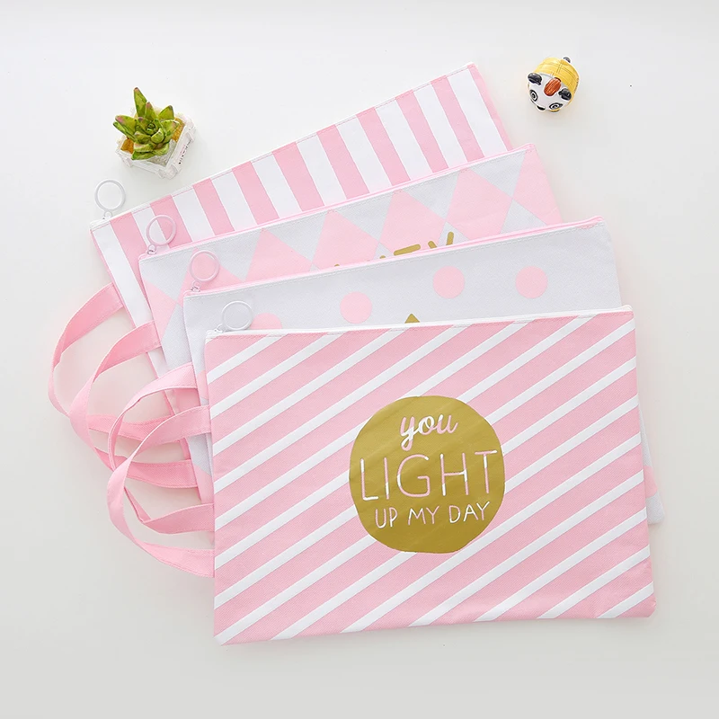 

1pc Pink Canvas File Folder Pouch for Documents A4 Large Capacity Document Bag Business File Folder Paper Organizer Storage Bag