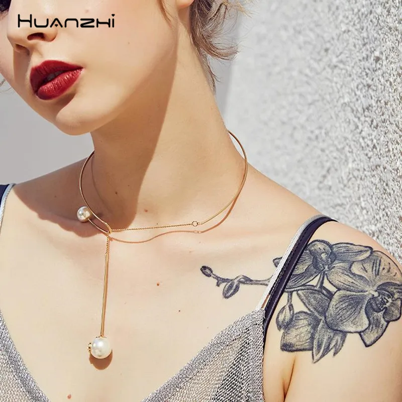 

HUANZHI Imitation Pearls Tassel Choker Gold Color Metal Elegant Chic Short Chain Necklaces For Women Party Travel Jewelry Gifts