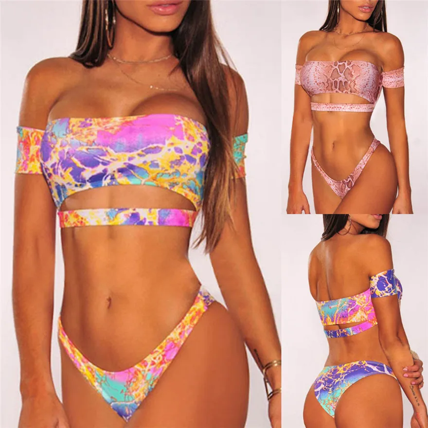 

Swimsuit Women Serpentine Print Bikini Set Bra Off The Shoulder colorful push up Beach Swimwear Beachwear