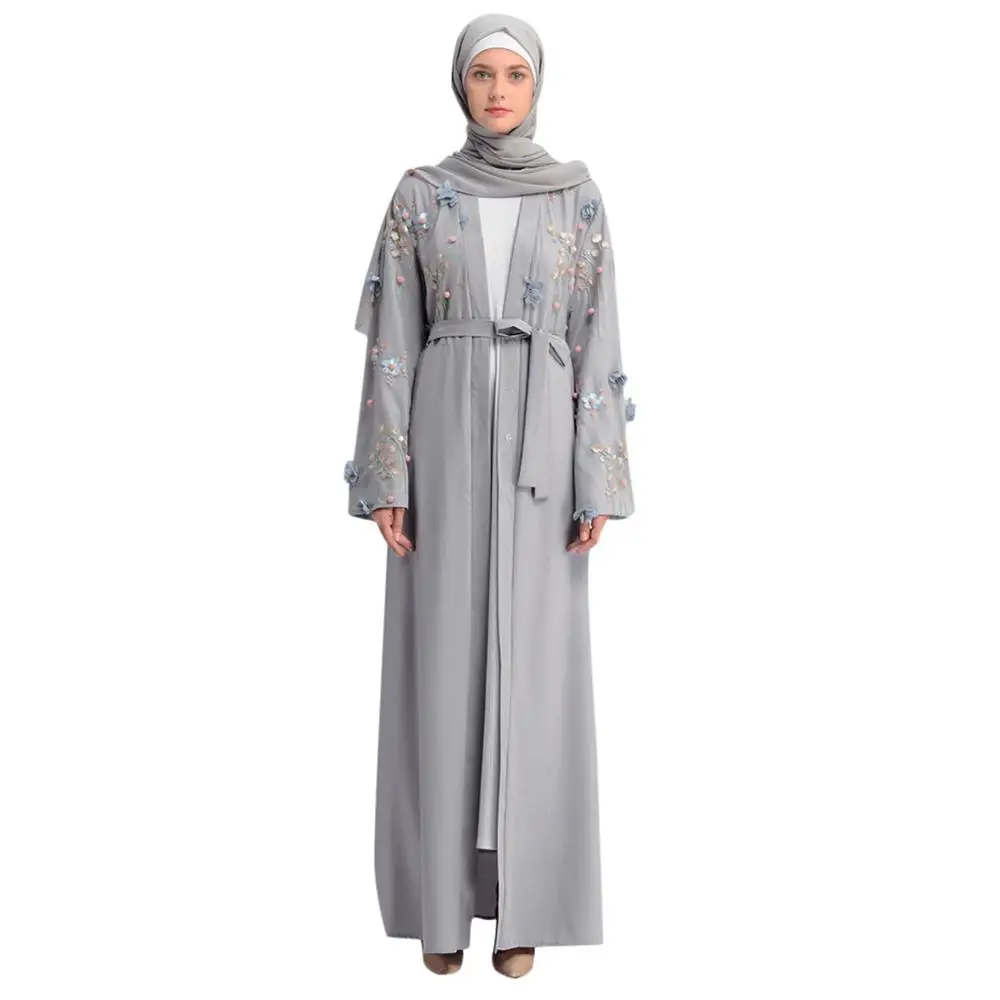 Женское ажурное длинное платье с вышивкой, халат, открытый кардиган «абайя», мусульманское дубайское платье - Цвет: Gray