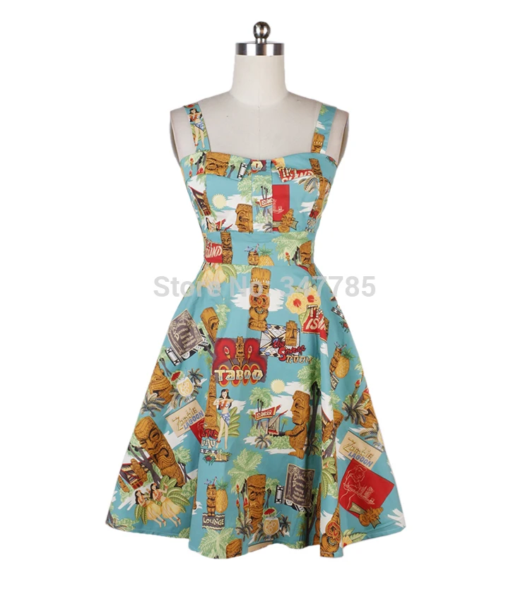 

Moai hawaii cowgirl print 50s vintage rockabilly pinup sundress plus size spaghetti strap swing vestidos cotton jurken dresses