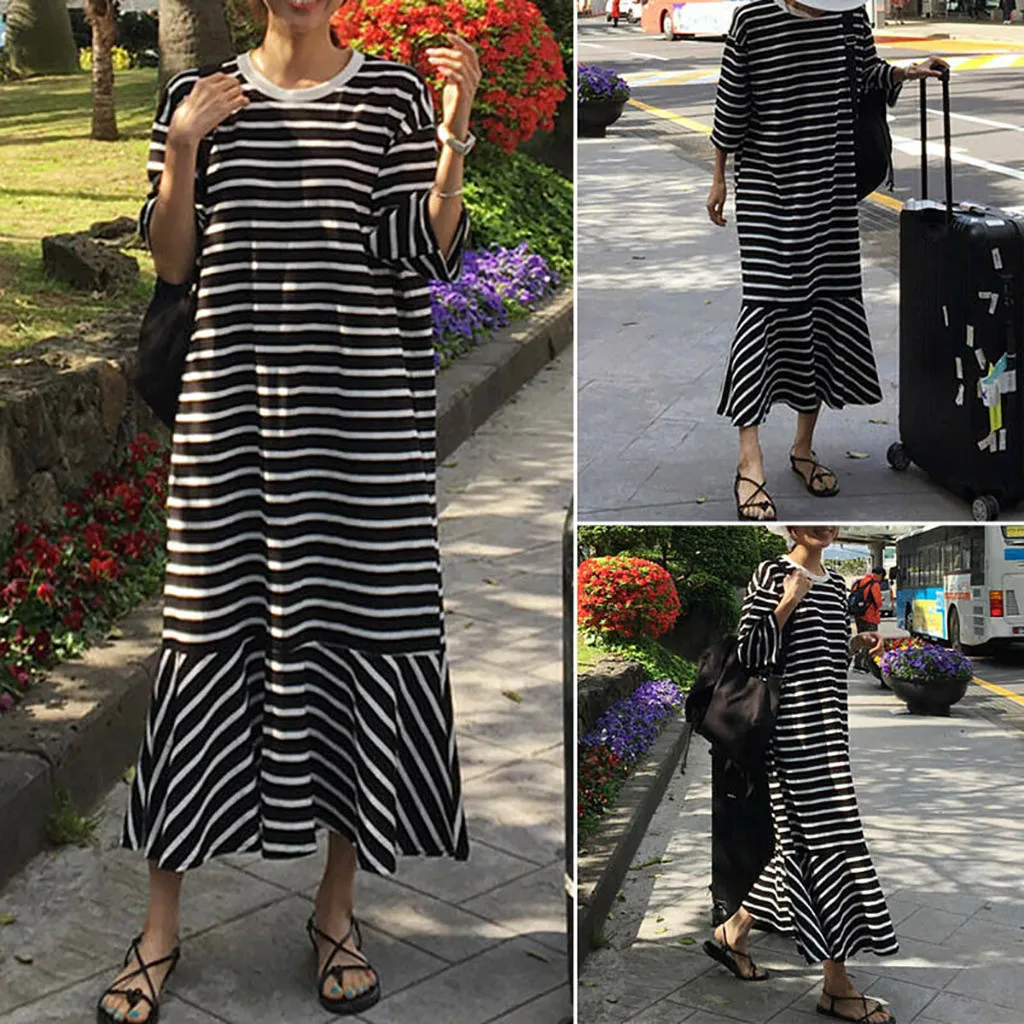 

Women Casual Stripes Maxi Dress O Neck Loose black white daily three Dress quarter Sleevele autumn Brief Long Beach Dresses#ss