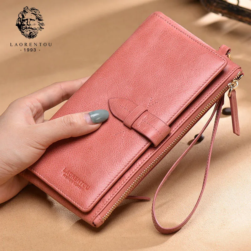 

LAORENTOU Women 100% Cow Leather Retro Long Wallets Female Simple Solid Long Purse Lady Zipper Phone Bag Card Holder Clutch