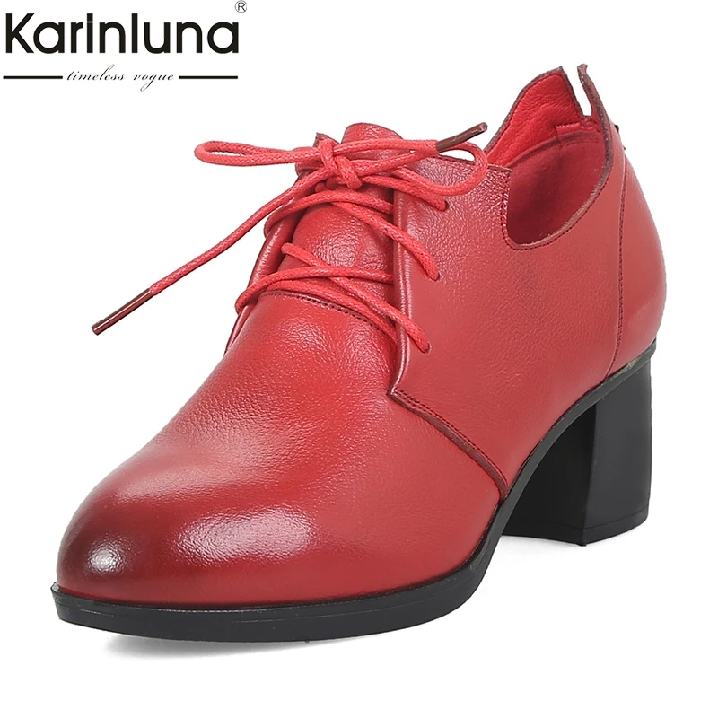 

Karinluna Genuine Leather Lace Up Platform Women Shoes Lady Elegant Chunky Heels Comfortable Office Shoes Woman Pumps