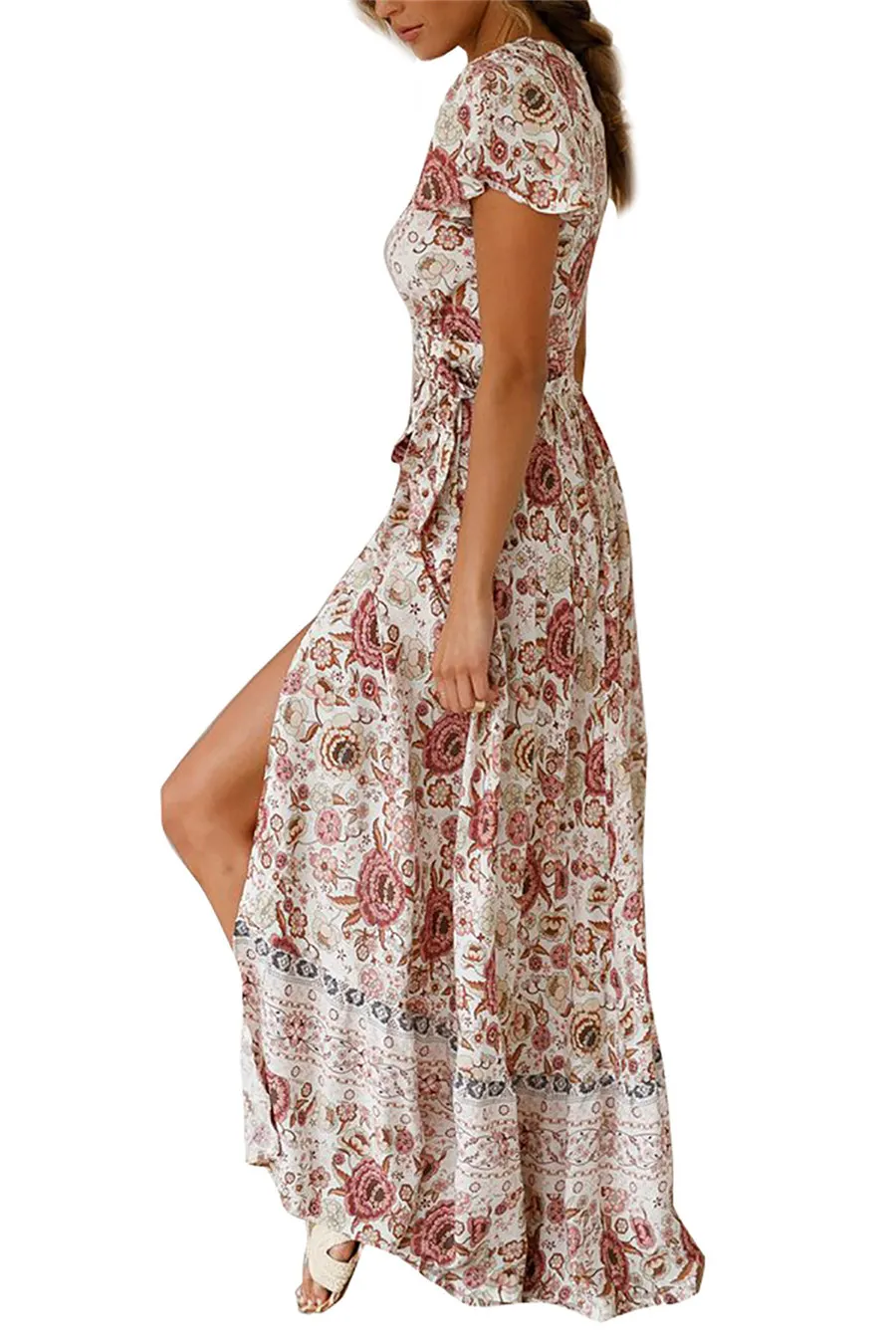 Gladiolus Bohemian Women Summer Dress Short Sleeve V Neck Floral Print Belt Tunic Split Sexy Beach Dresses Women 2019 Maxi Dress (44)